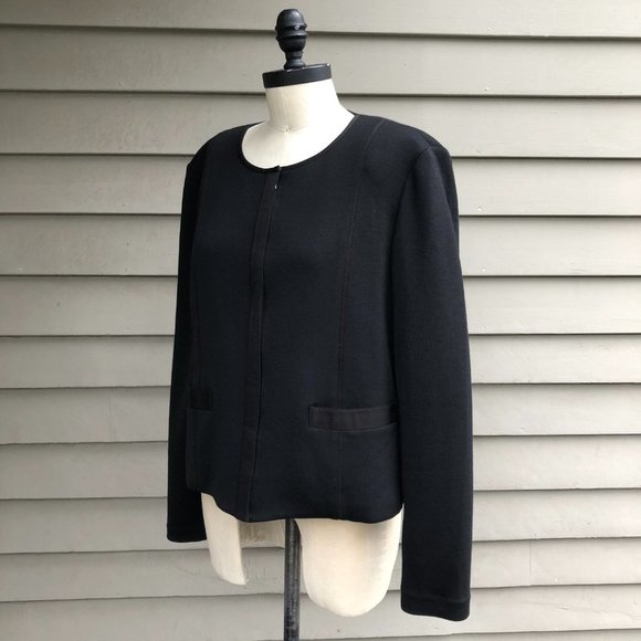 ST. JOHN CAVIAR Milano Knit Zip Front Ribbon Trim Cropped Black Jacket Blazer 12 - Picture 7 of 16